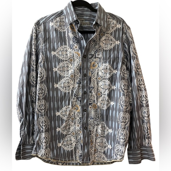 Tommy Bahama Denim Casual Button Down Collared Shirt Blue White Paisley Medium - Picture 1 of 6